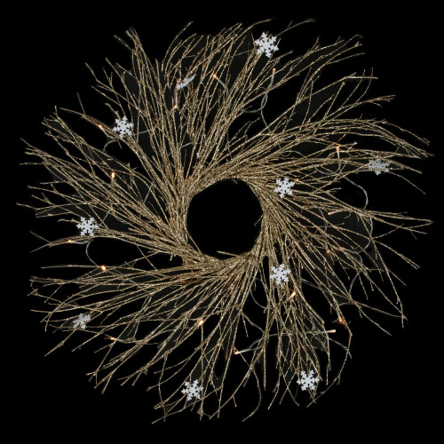 Pre-lit Glittered Twig and Snowflake Christmas Wreath - 28" - Warm White LED Lights