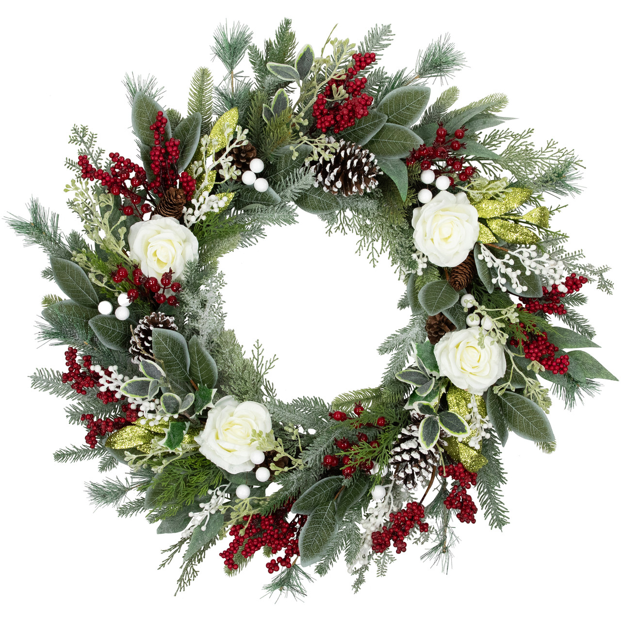 Real Touch?? Mixed Foliage and Roses Artificial Christmas Wreath 30" - Unlit