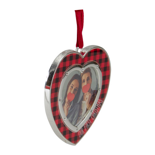 Buffalo Plaid Heart Shaped Picture Frame Christmas Ornament - 3" - Silver Finish