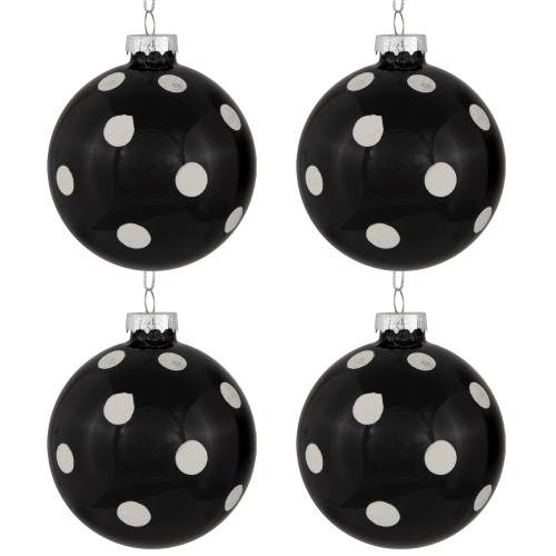 Shiny Finish Polka Dots Christmas Glass Ball Ornaments - 3" (80mm) - Black and White - Set of 4