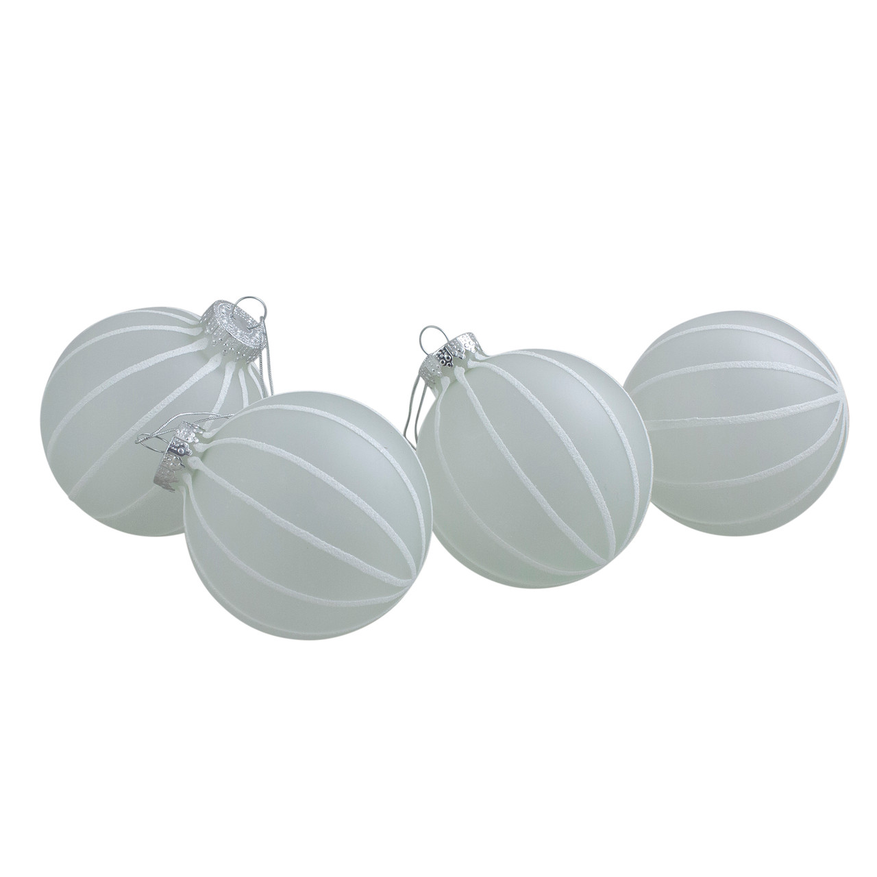 4ct Clear Frosted and White Glitter Striped Matte Glass Christmas Ball Ornaments 3.5" (90mm)