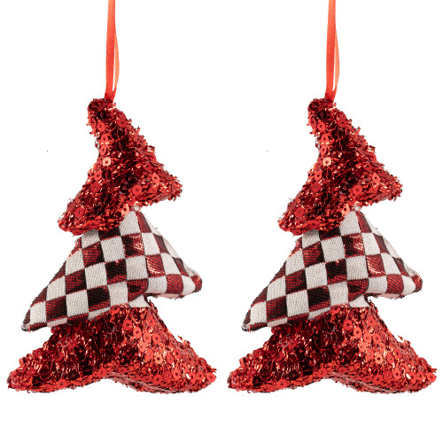 Sequined and Checkered Tree Christmas Ornaments - 5" - Red - Set of 2
