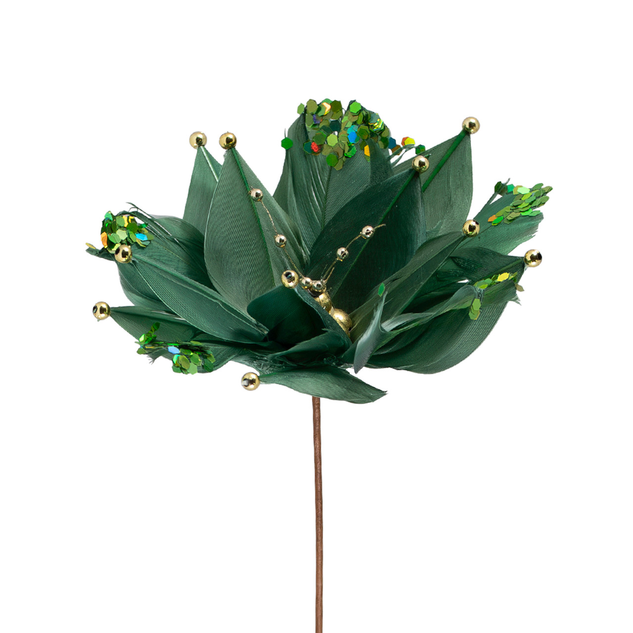 Poinsettia with Feather Petals Artificial Christmas Pick - 13.75" - Green