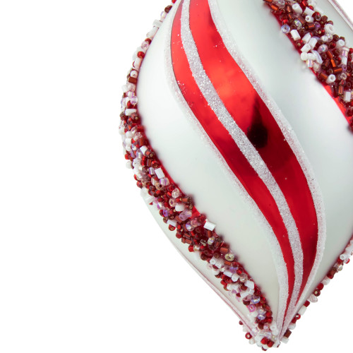Set of 2 White and Red Glitter and Beads Striped Finial Glass Christmas Ornaments 5.5"