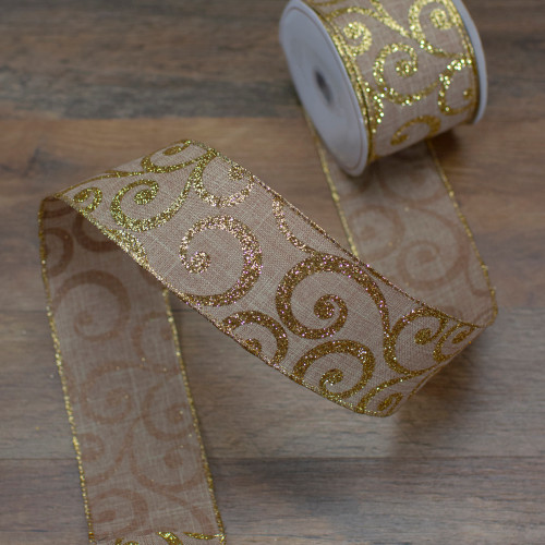 Burlap and Gold Scroll Christmas Wired Craft Ribbon 2.5" x 10 Yards