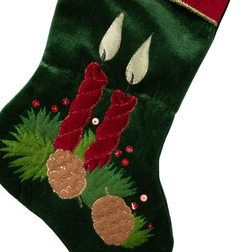 20" Dark Green and Burgundy Candle and Pine Cone Velveteen Christmas Stocking