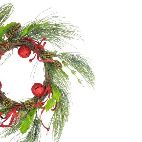 Jingle Bell Glitter Pine Needle Artificial Christmas Wreath - 21"- Red - Unlit