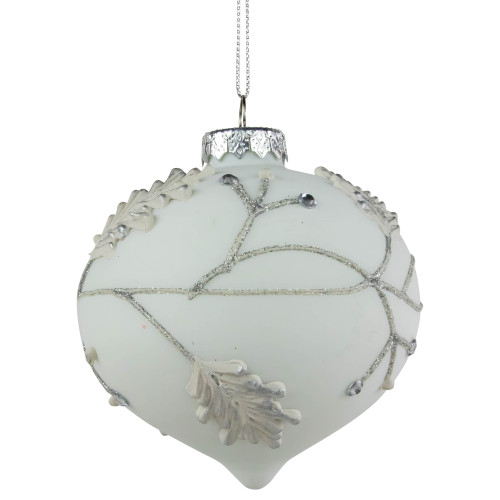 3.5" White and Silver Leaves Glass Onion Drop Christmas Ornament