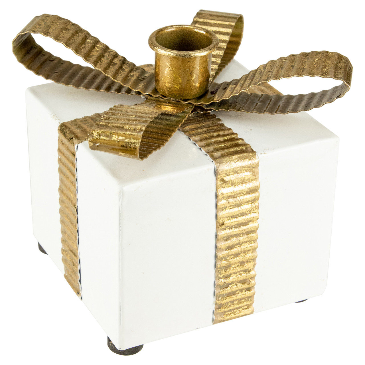 4.5" White Metal Gift Box Christmas Taper Candle Holder