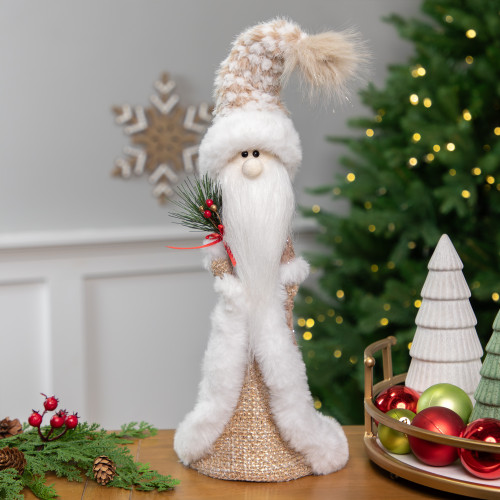 Santa Gnome Holding Pine Sprigs in Plush Winter Hat Christmas Figure - 19"