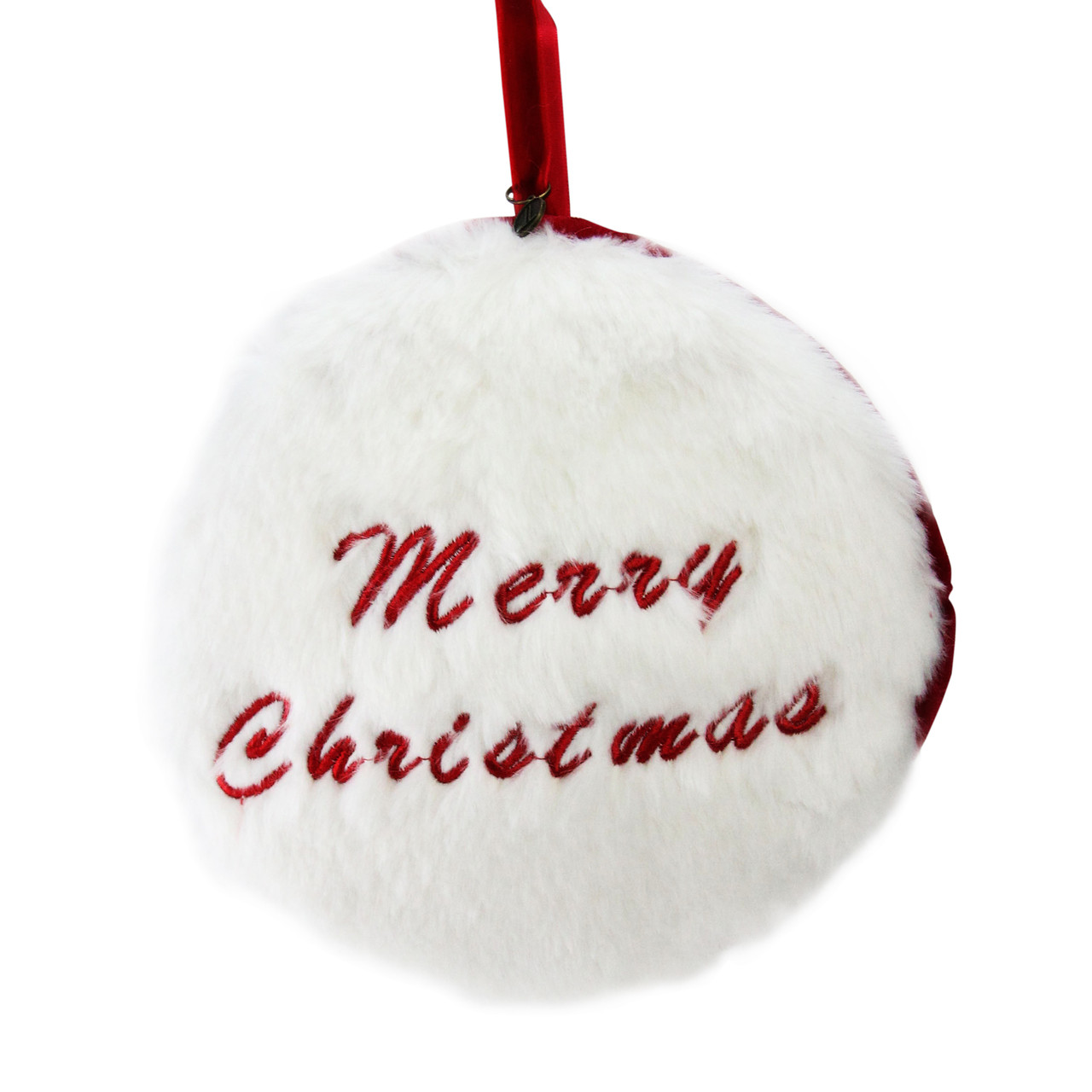 7.5" Red and White "Merry Christmas" Faux Fur Decorative Christmas Disc Ornament