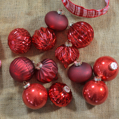 12ct Red Mercury Glass Style Glass Christmas Ornament Set 3"