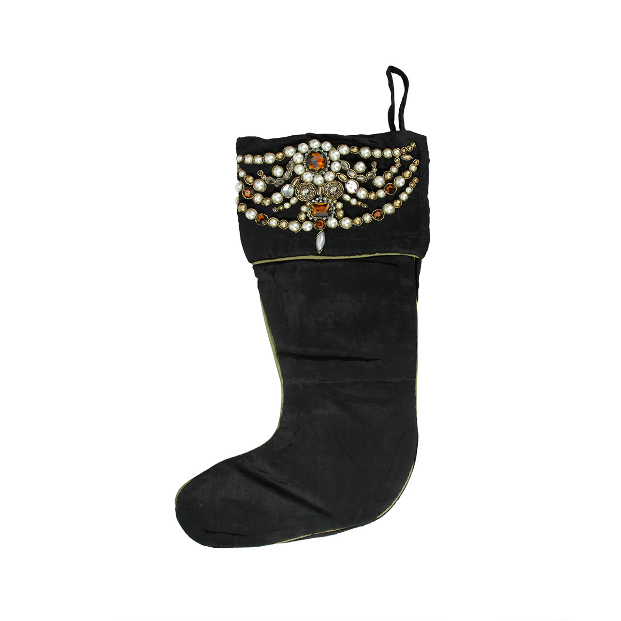 20" Black and Gold Pearl Beaded Christmas Stocking