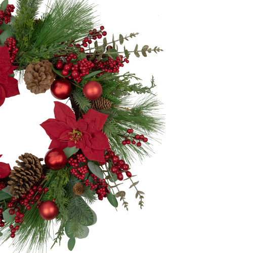 Artificial Red Berry and Poinsettia Christmas Wreath, 28-Inch, Unlit