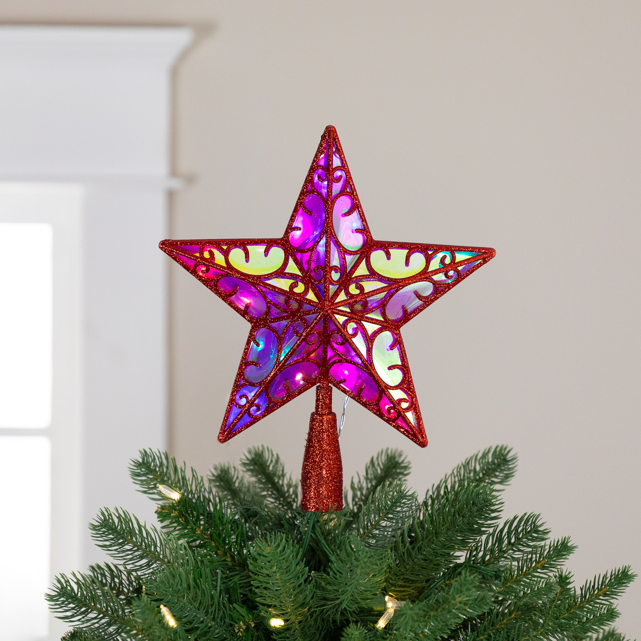 LED Lighted Star Glittered Christmas Tree Topper - 11" - Red - Multicolor Lights
