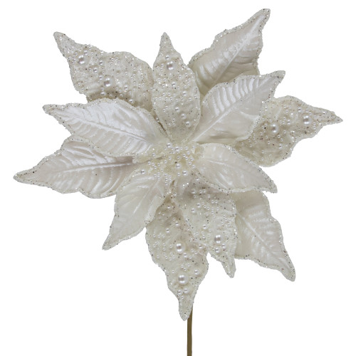 22" Pearl White Glittered Poinsettia Christmas Stem Spray