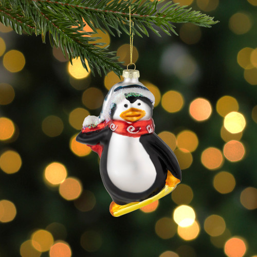 4.25" Snowboarding Penguin Glass Christmas Ornament
