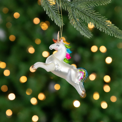 4.5" White Unicorn with Rainbow Mane Glittered Christmas Glass Ornament