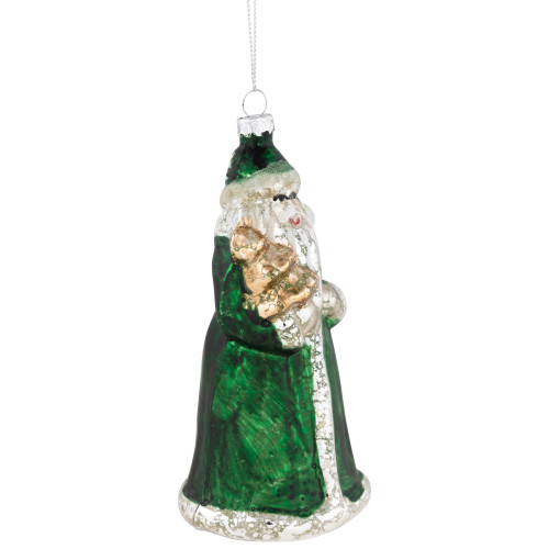5.5" Nordic Green and Silver Santa Hanging Glass Christmas Ornament