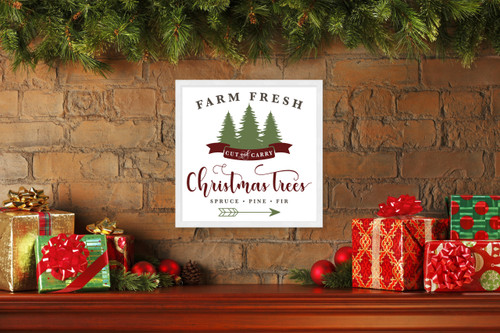 Cut and Carry Christmas Tree Farm 17.5" x 17.5" Framed Christmas Wall Decor  Sign Poster in a Natural Wooden Frame with UV Acrylic and Hangers