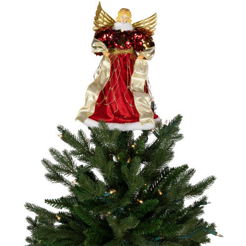 Metallic and Sequin Angel Christmas Tree Topper - 12" - Red and Gold - Unlit
