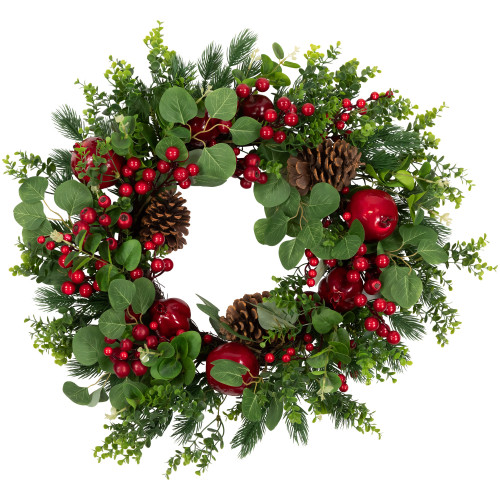 Crabapple and Berries Boxwood and Pine Artificial Christmas Wreath - 26" - Unlit