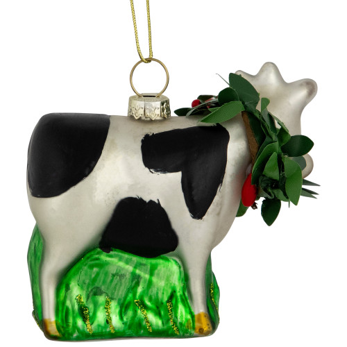 3" Cow with Wreath Christmas Glass Hanging Ornament