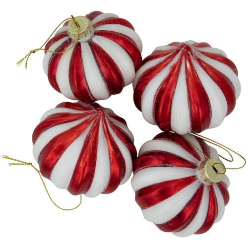 4ct Red and White Glittered Candy Cane Onion Glass Christmas Ornaments 3"
