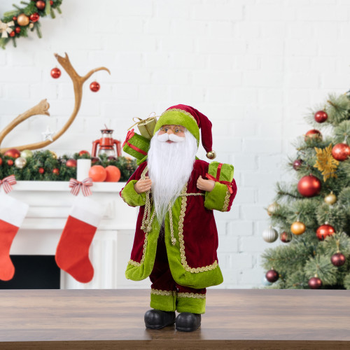 16" Burgundy and Bright Green Santa Claus with Gifts Christmas Figure