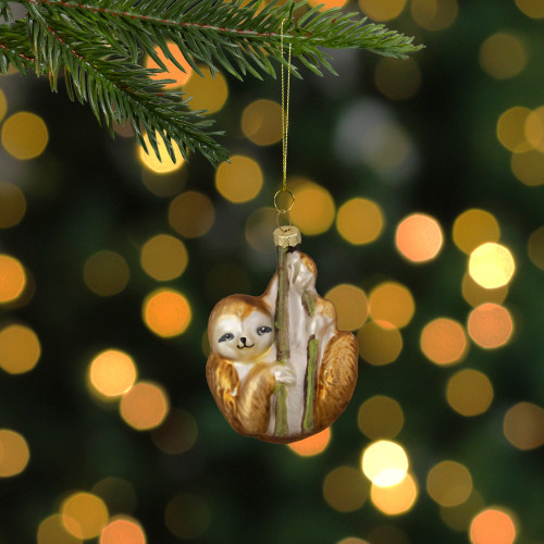 4" Gold Sloth with Bamboo Glass Christmas Ornament