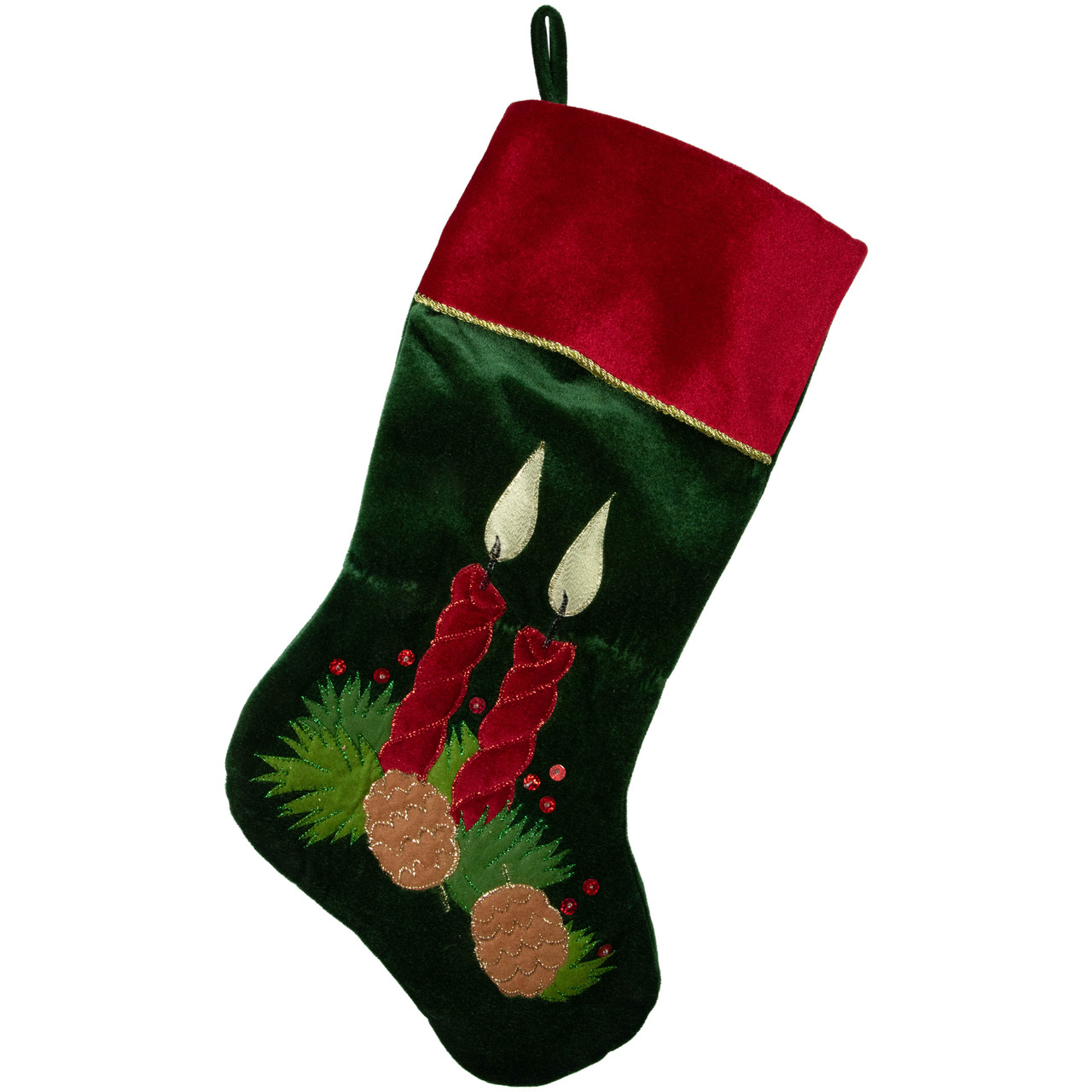 20" Dark Green and Burgundy Candle and Pine Cone Velveteen Christmas Stocking