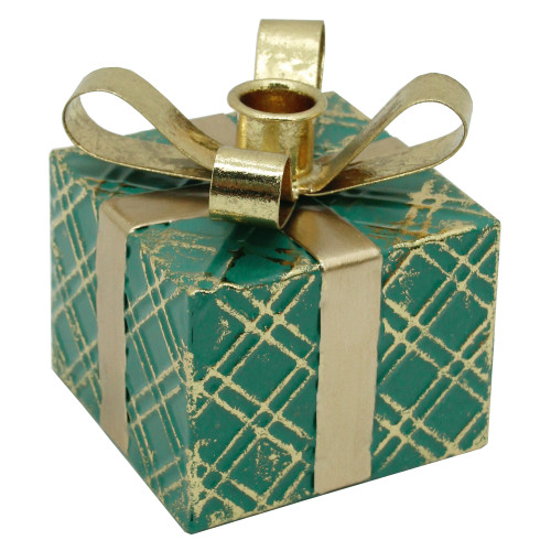 4.5" Green Metal Gift Box Christmas Taper Candle Holder