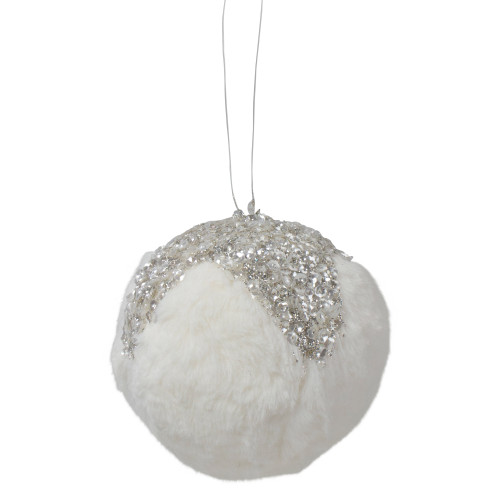 4.25" Glittered White and Silver Sequined Christmas Ball Ornament