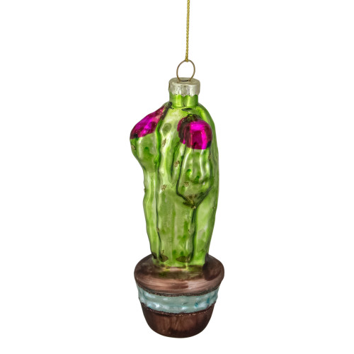 4.75" Green and Pink Potted Cactus Glass Christmas Ornament