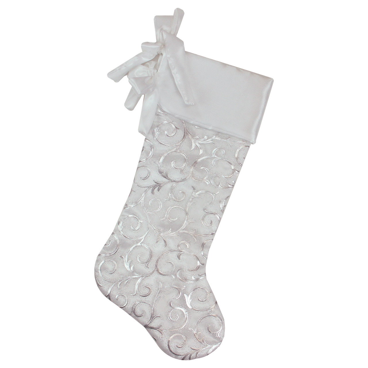 19�� White and Silver Filigree Christmas Stocking with Bows