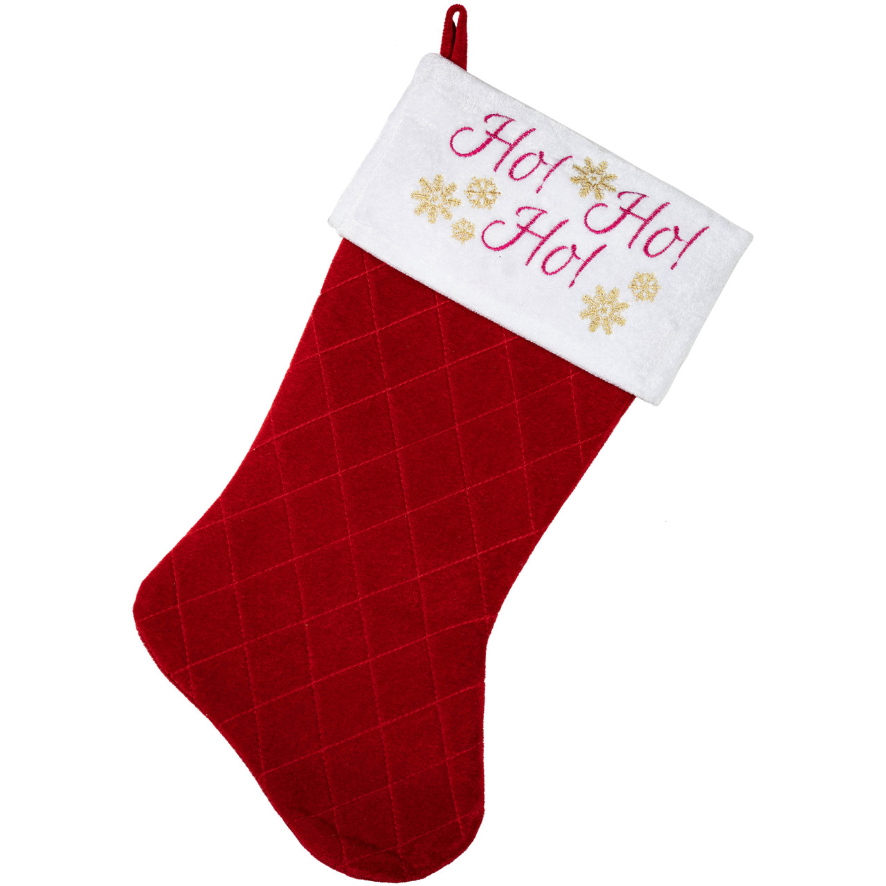 19" Quilted Red Velvet HO! HO! HO! Embroidered Christmas Stocking