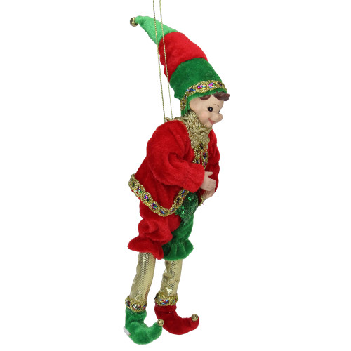 Bendable Elf in a Suit Hanging Christmas Ornament - 12" - Red and Green