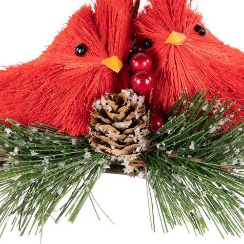 8" Double Cardinal and Pine Needle Branch Hanging Christmas Ornament
