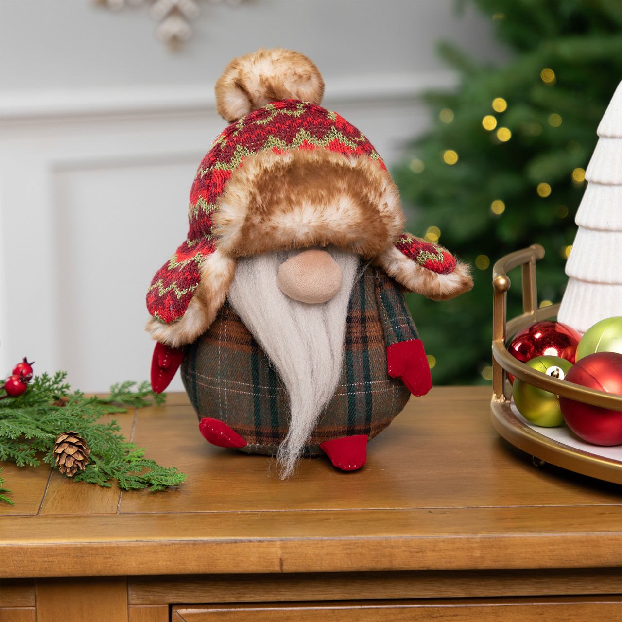 Gnome with Knitted Trapper Hat Christmas Figure - 7.75"