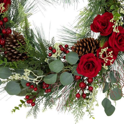 Real Touch?? Roses and Berries Artificial Christmas Wreath - 30" - Unlit