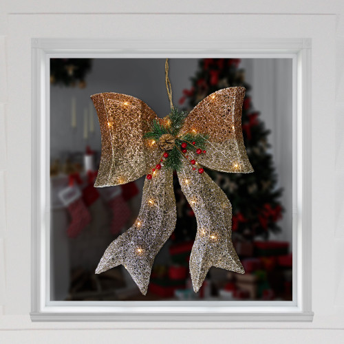 23" LED Lighted Champagne Gold Ombre Mesh Bow Christmas Decoration
