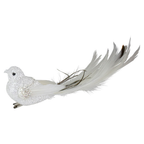 Glittered Bird with Feather Tail Clip-on Christmas Ornament - 8" - White and Black