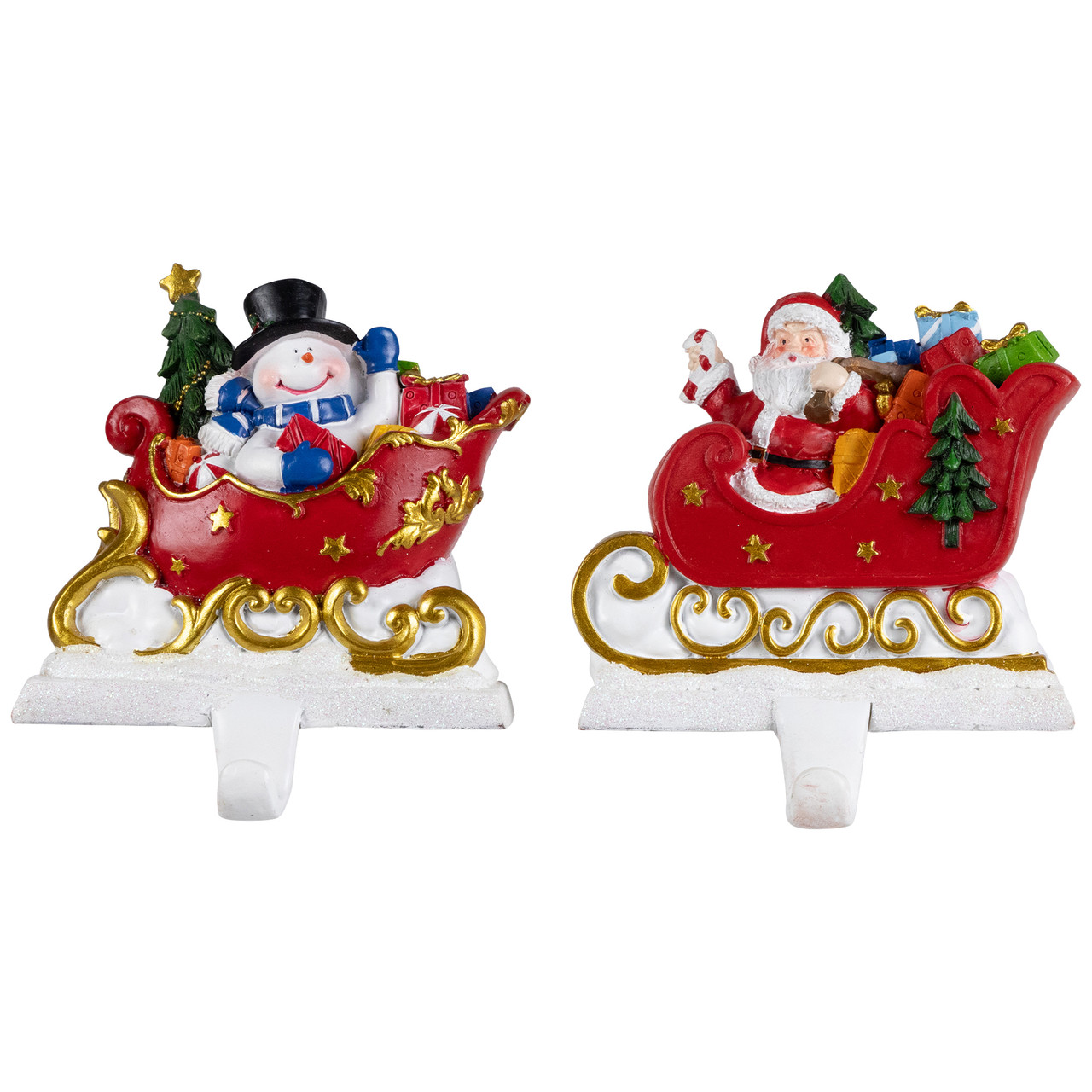 Santa and Snowman Sleigh Ride Christmas Stocking Holders - 4.25" - Set of 2