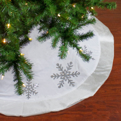 48" White and Silver Embroidered Sequin Snowflakes Tree Skirt