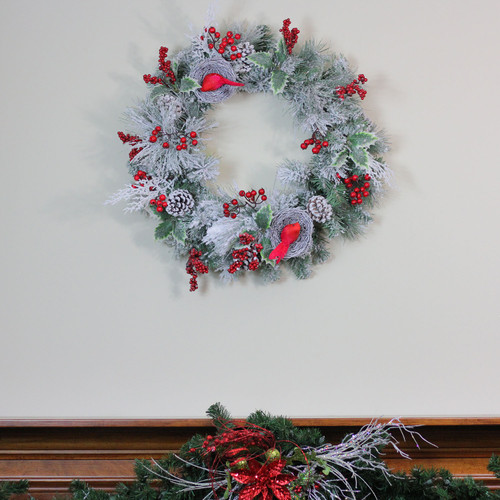 Berries and Cardinals Nests Flocked Pine Artificial Christmas Wreath - 24" - Unlit