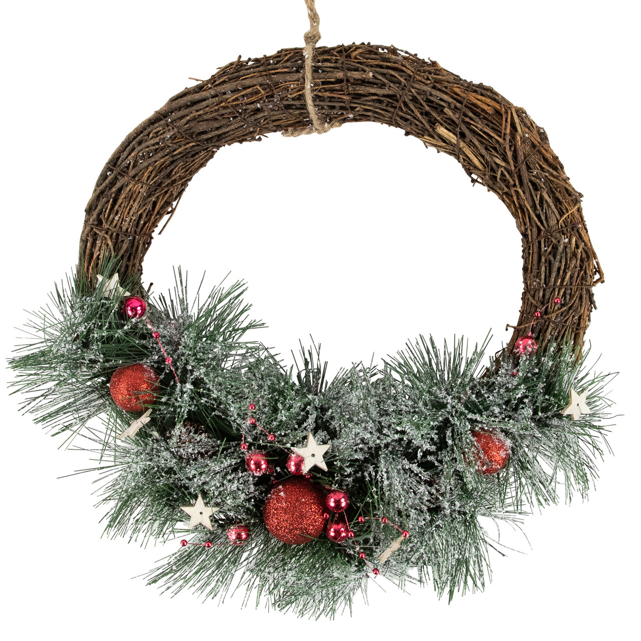 Red Ornaments, Pine Needle and Stars Frosted Christmas Wreath, 13.75-Inch