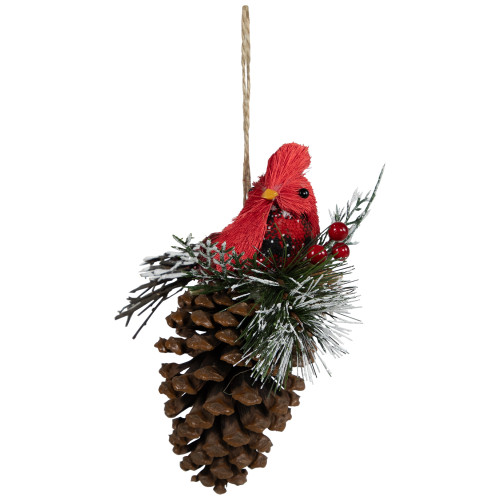 Woodland Cardinal Bird Perched on a Pinecone Frosted Christmas Ornament - 6.75"