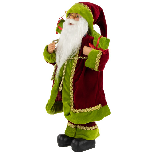 16" Burgundy and Bright Green Santa Claus with Gifts Christmas Figure
