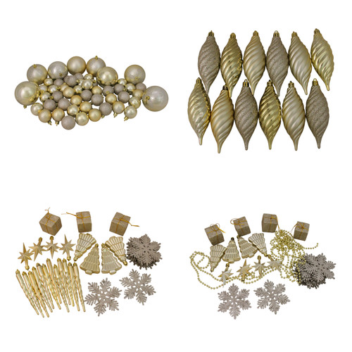 125ct Champagne Gold Shatterproof 4-Finish Christmas Ornaments 5.5" (140mm)