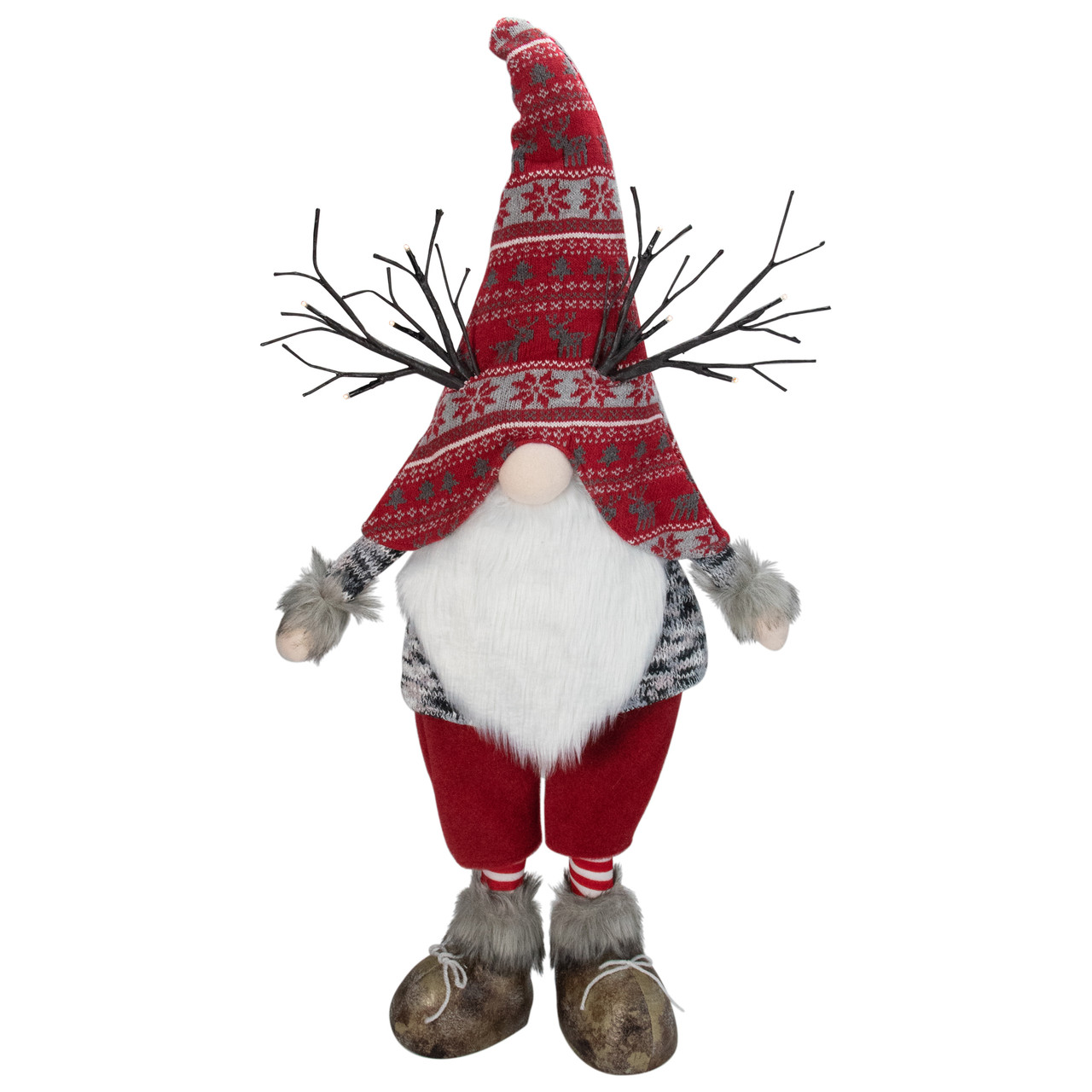 LED Lighted Nordic Hat Standing Santa Christmas Gnome with Antlers - 30" - Red